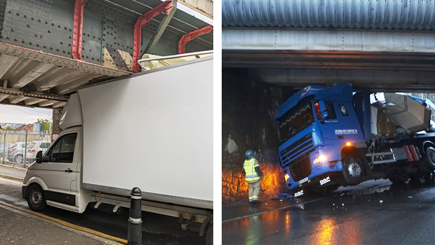 Two examples showing trucks stuck under bridges